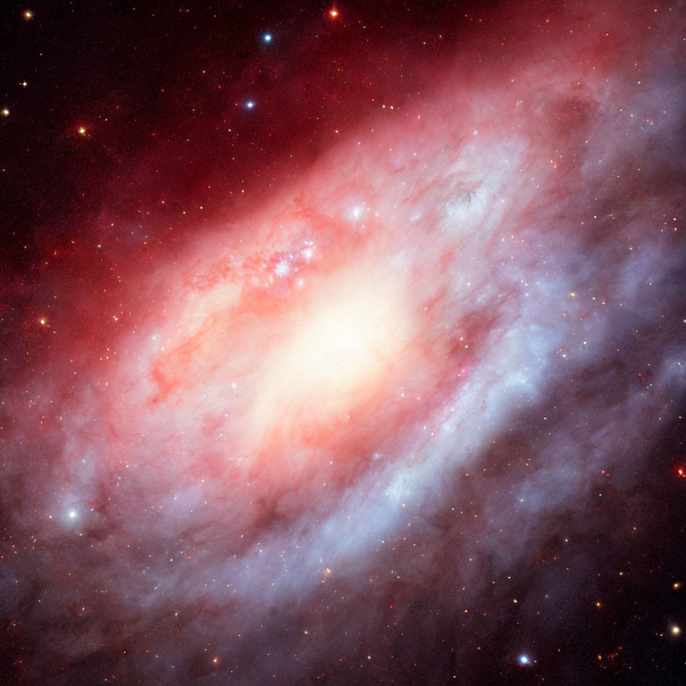 Colorful galaxy with red and white clouds, stars, and cosmic dust swirls.