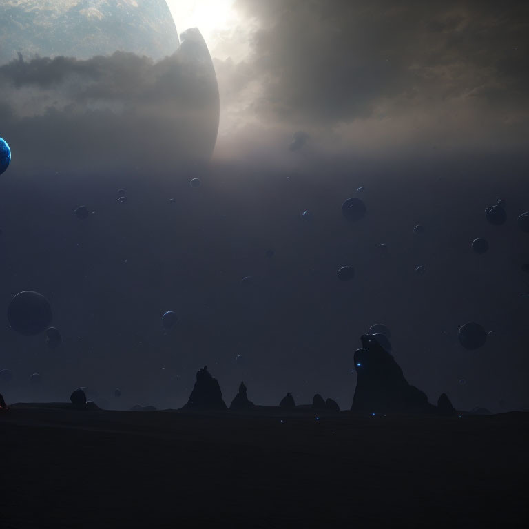 Sci-fi landscape with floating orbs and large planet in starlit sky