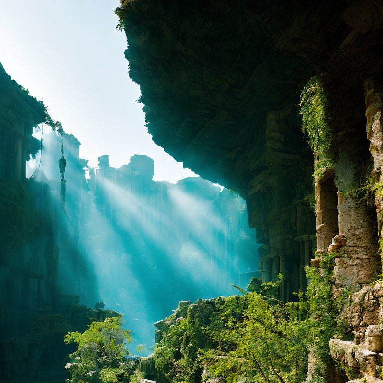 Sunlight illuminates ancient stone ruins in dense forest