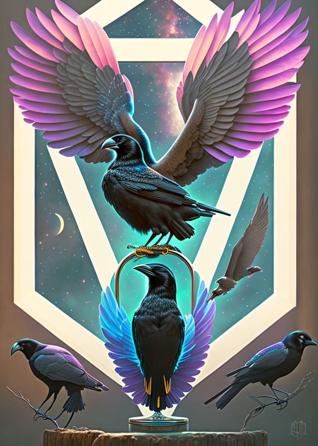 Ravens on golden ring with celestial backdrop and vibrant wings