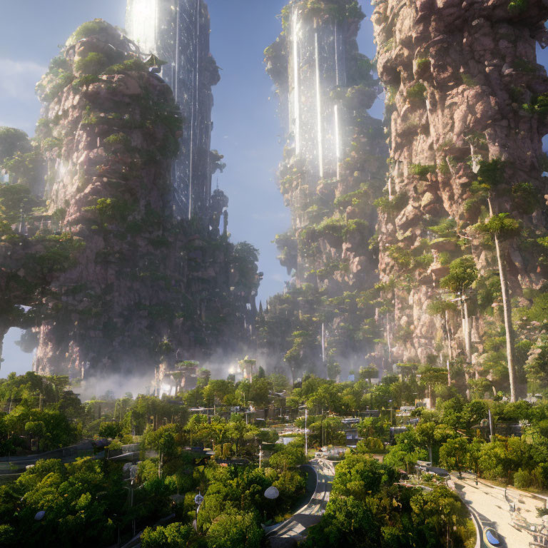 Futuristic cityscape with tree-like skyscrapers and waterfalls