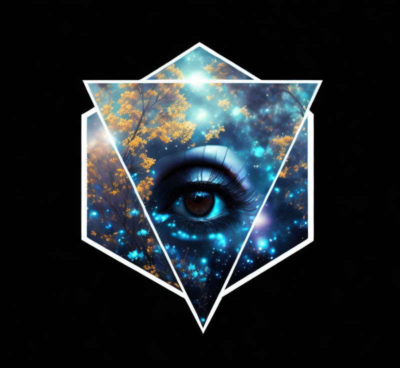 Surreal human eye in cosmic floral scene with geometric diamond on black background