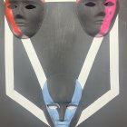 Surreal artwork: Three male faces, red-striped, blue-pink accents, white pentagon