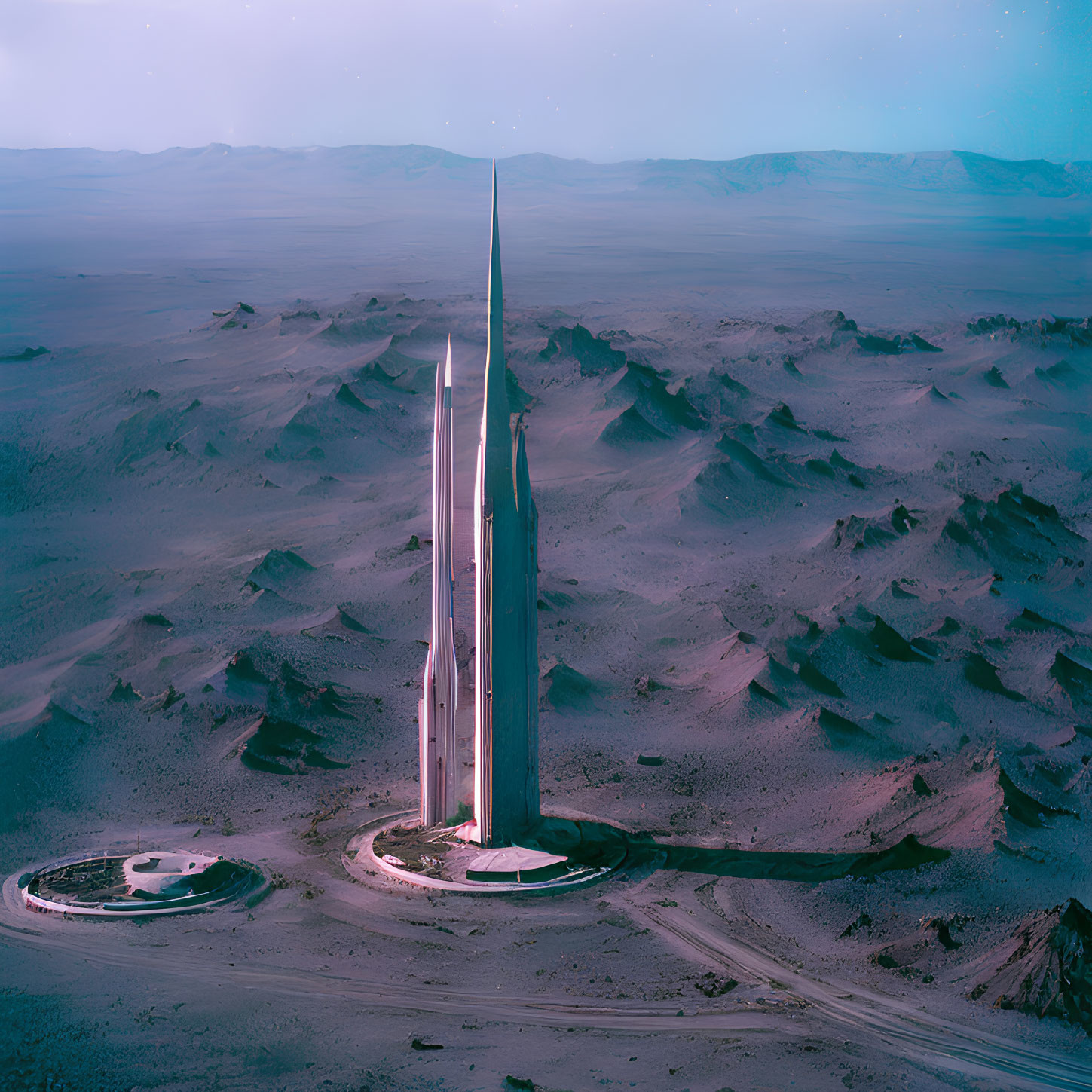 Futuristic tower on Mars-like landscape with circular structures and winding path