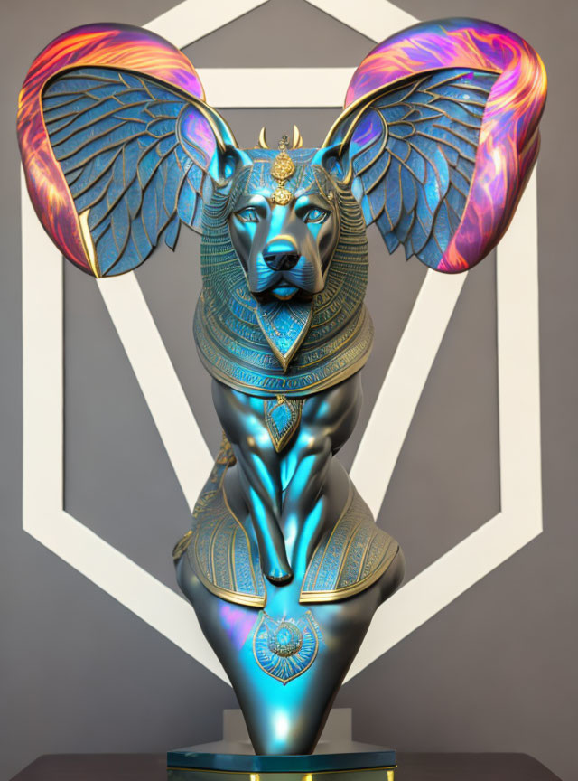 Egyptian-inspired anthropomorphic creature sculpture with dog head, wings, and intricate patterns