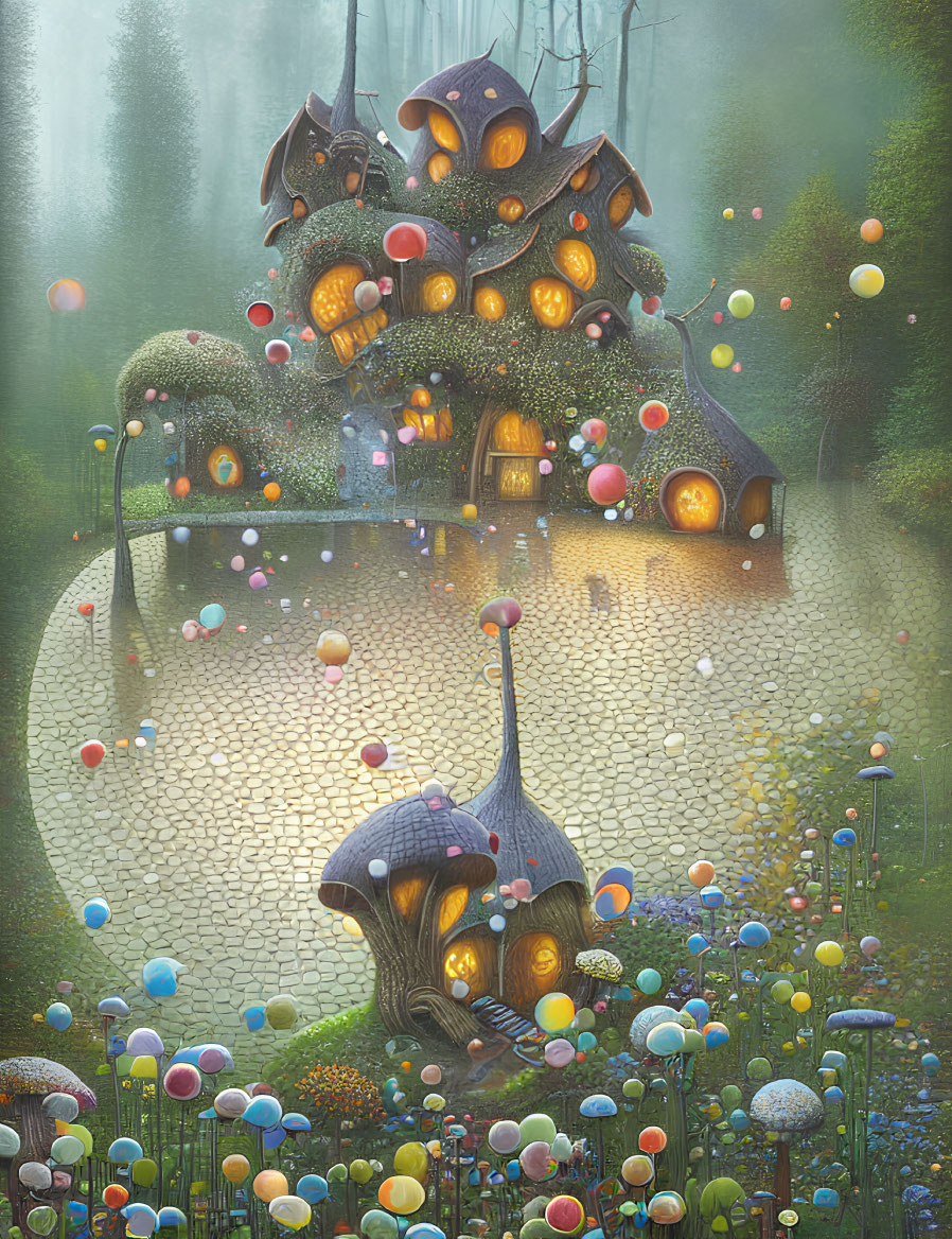 Fantasy illustration of whimsical mushroom houses in magical forest