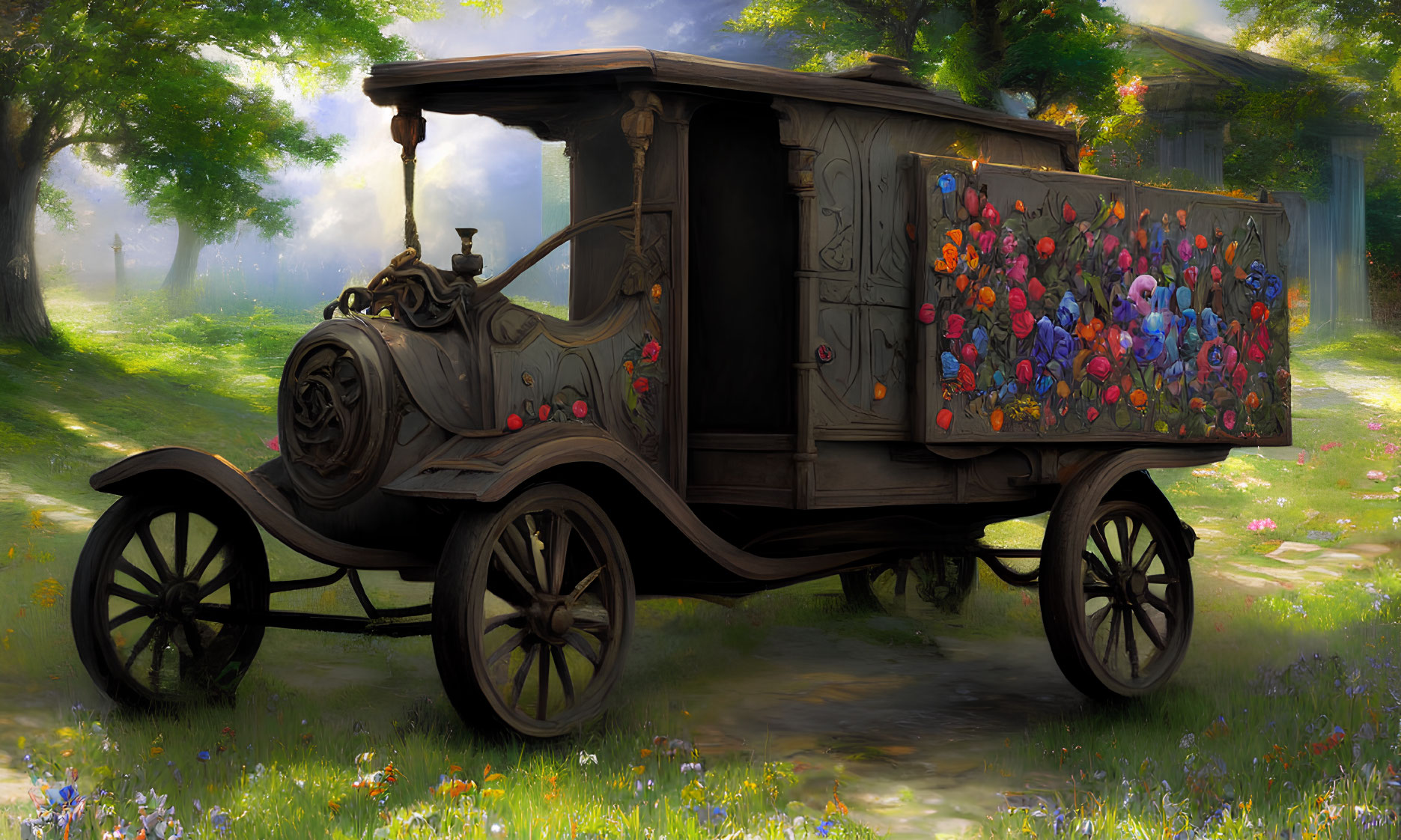 Vintage Truck with Colorful Flowers in Sunlit Glade