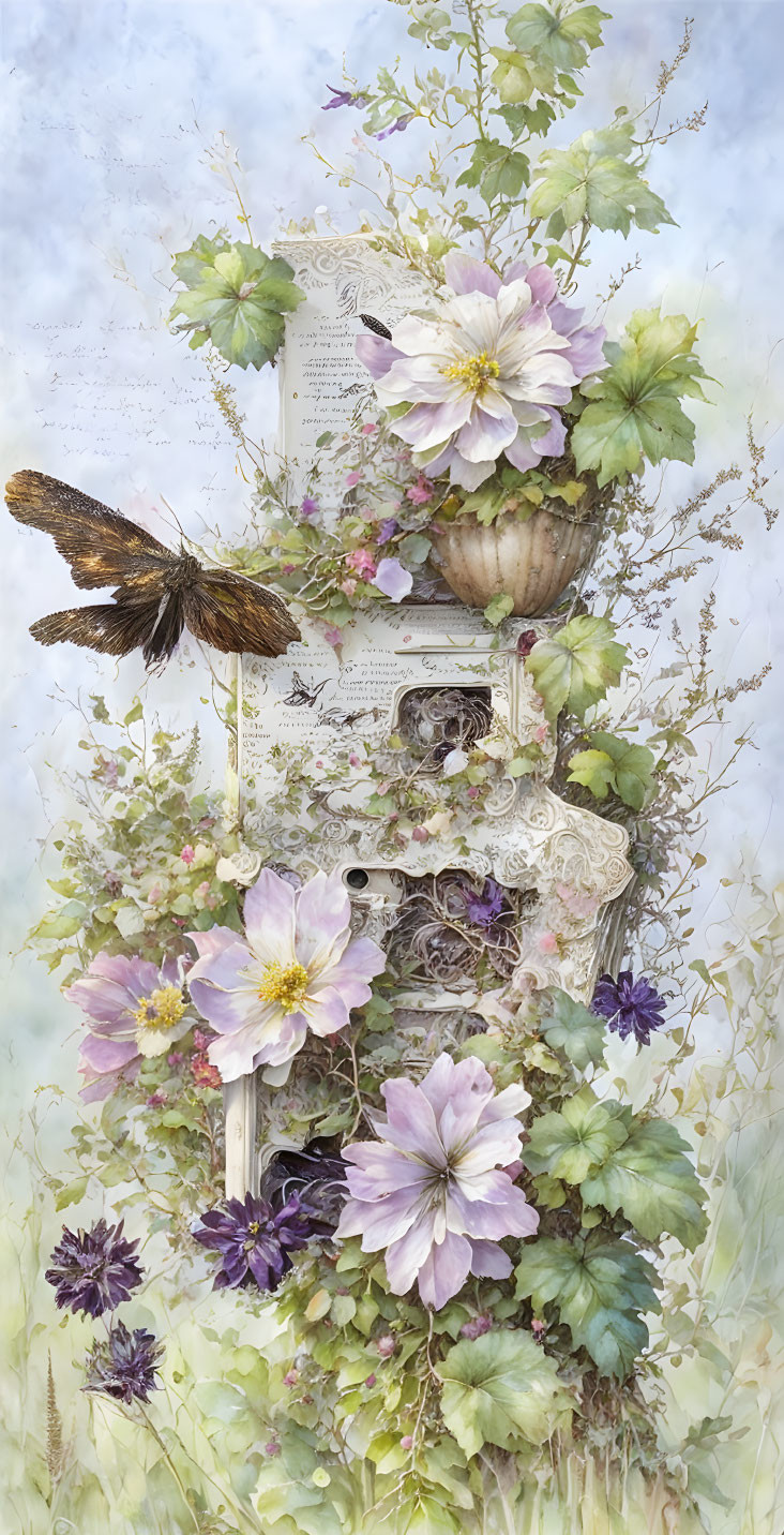 Vertical Artwork: Open Book, Florals, Butterfly on Soft Textured Background