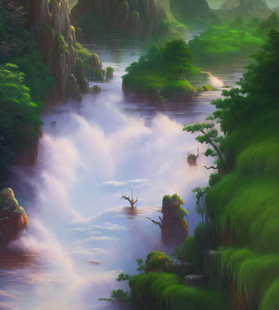 Tranquil river in lush, misty landscape with vibrant green vegetation