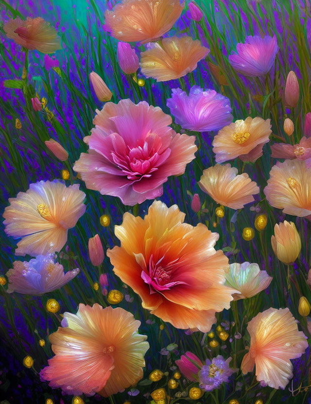 Colorful Flowers Digital Painting on Whimsical Background