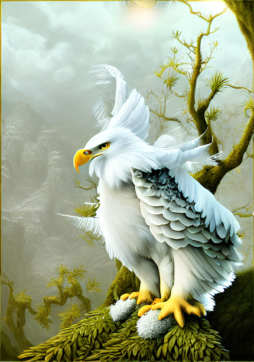 White eagle perched on forest outcrop amidst misty mountains