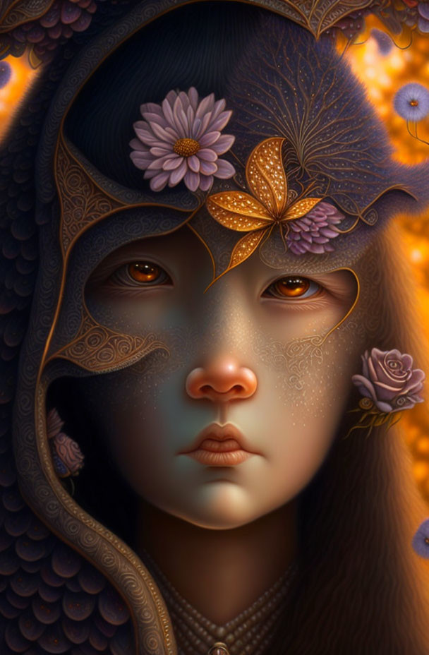 Digital painting of person with ornate floral headgear and expressive eyes in warm tones