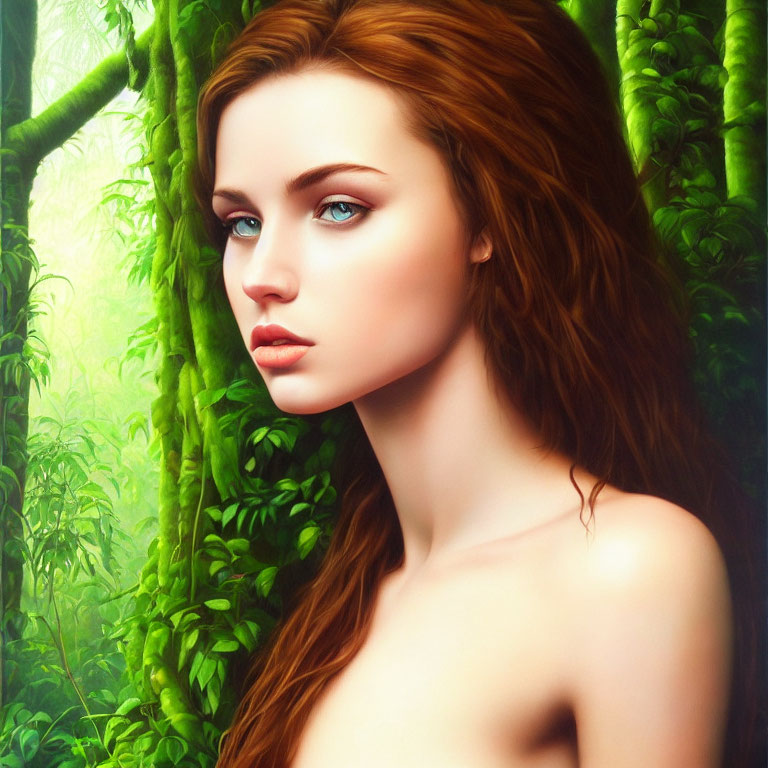 Woman with Long Red Hair and Blue Eyes in Forest Setting