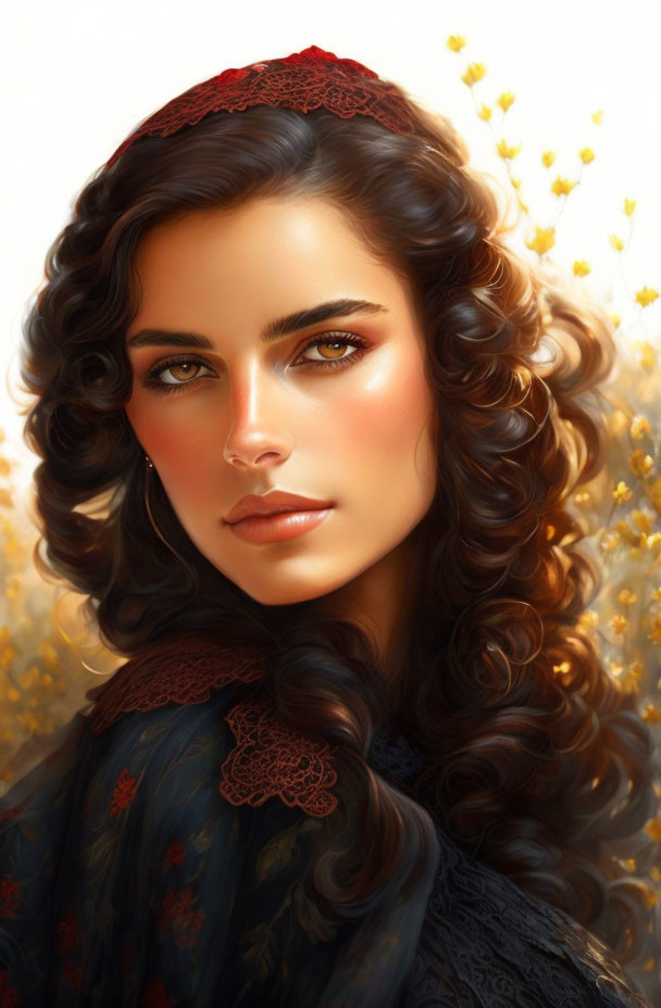 Curly-haired woman in red headband with lace clothing, surrounded by golden flowers.