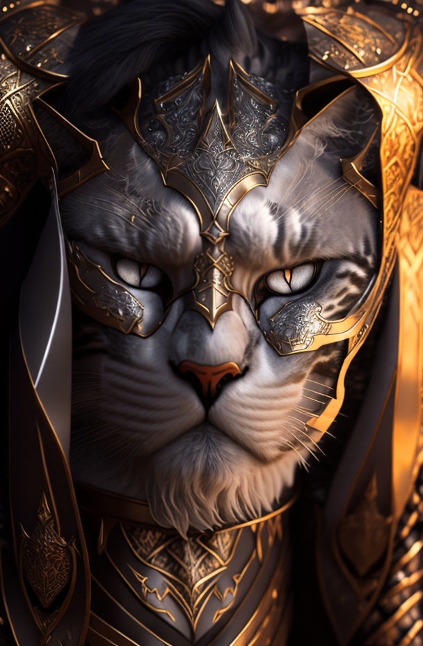 Regal Cat in Golden Armor with Blue Eyes