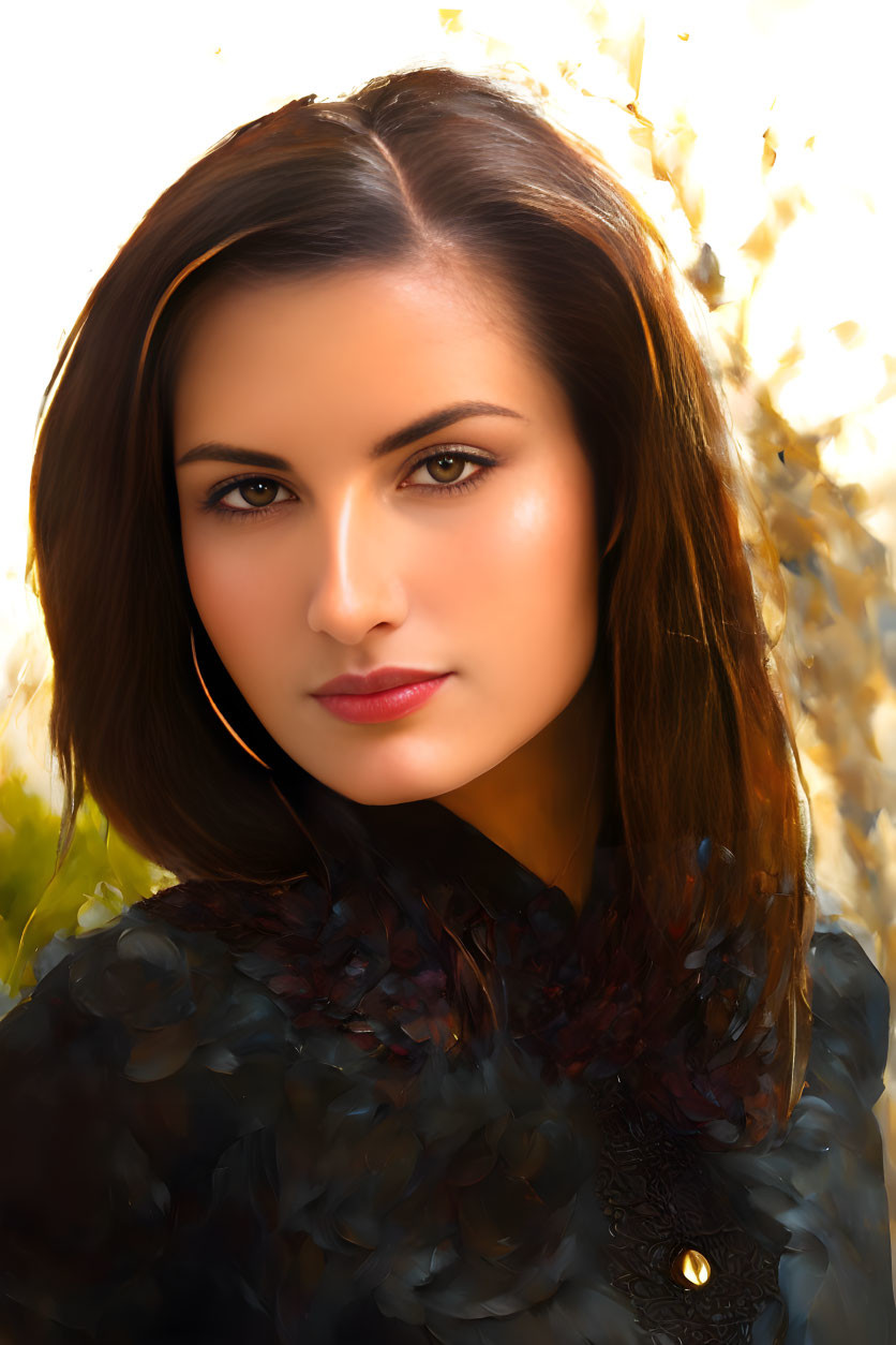 Portrait of woman with long brown hair and intense gaze in dark blouse, backlit by warm light