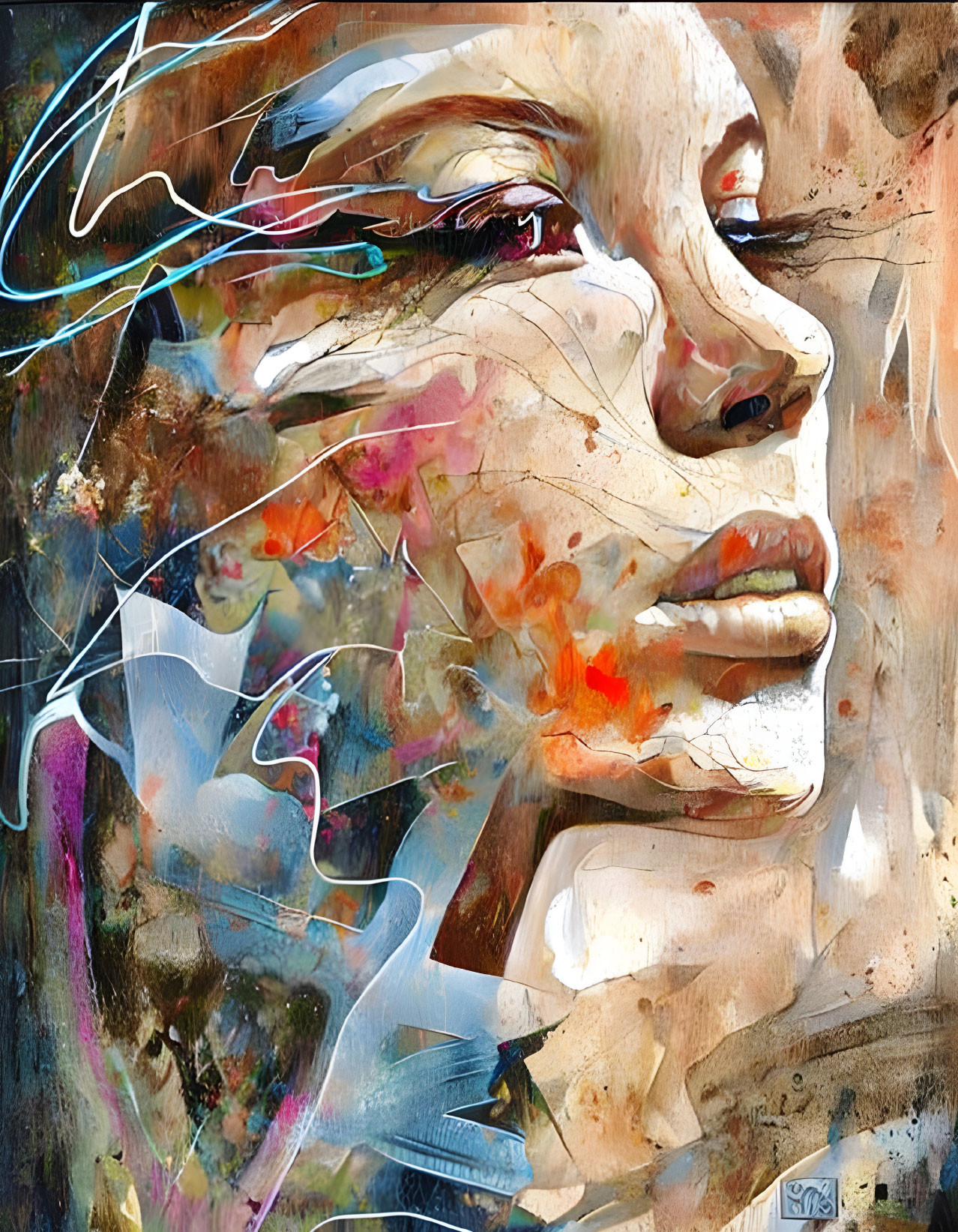 Vibrant abstract art: woman's face with dynamic paint strokes on textured canvas