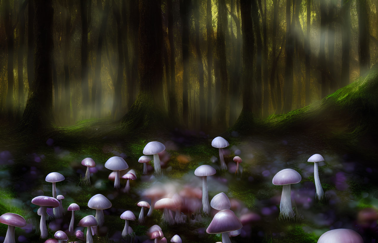 Enchanting forest scene with sunlight and surreal purple mushrooms