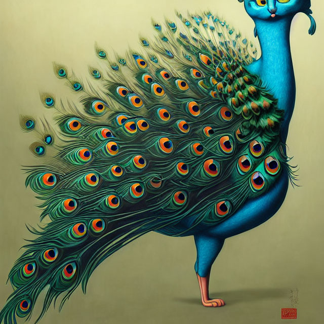 Colorful Peacock Illustration with Exaggerated Body and Eye-Like Tail Patterns