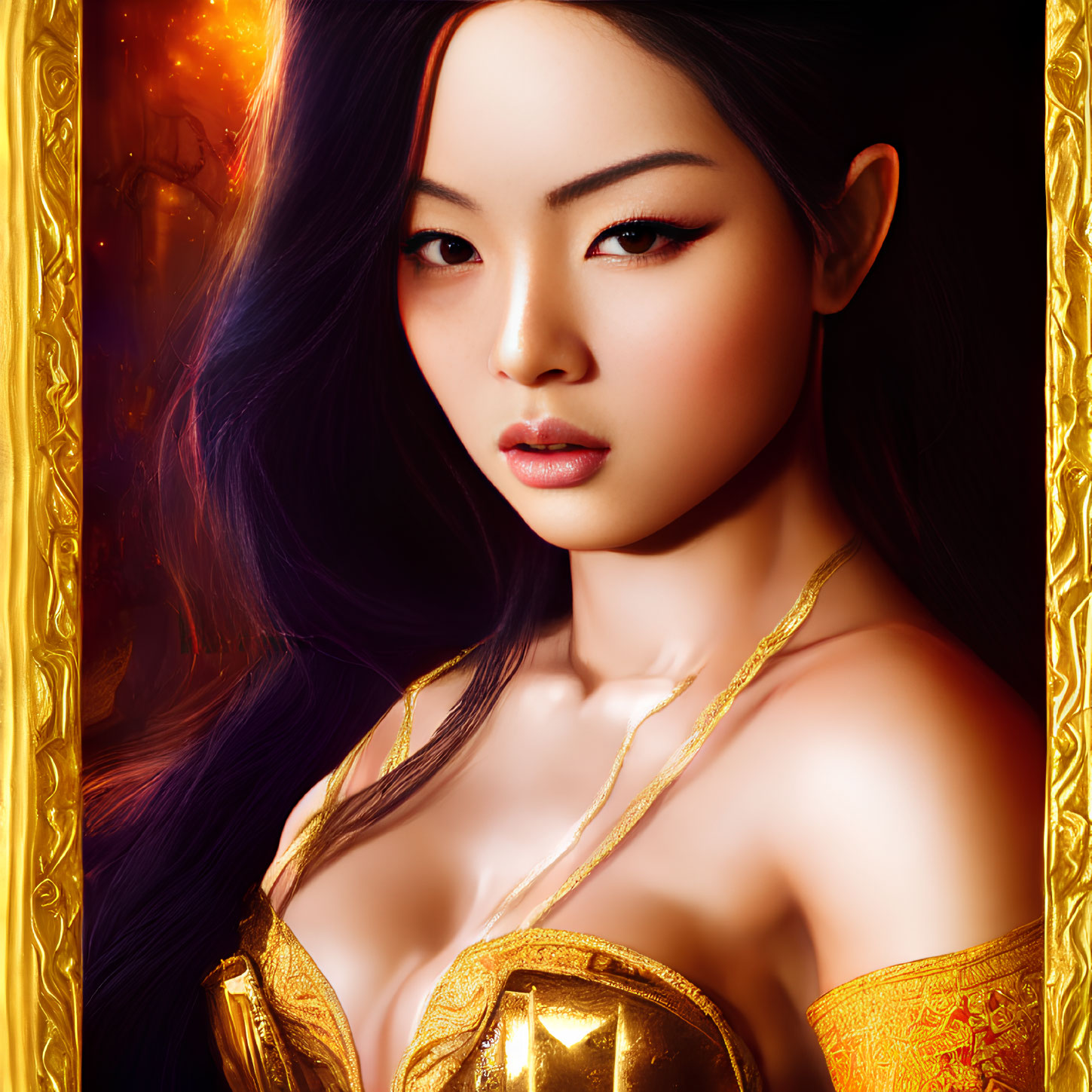 East Asian Woman in Gold Armor with Dark Hair on Fiery Background