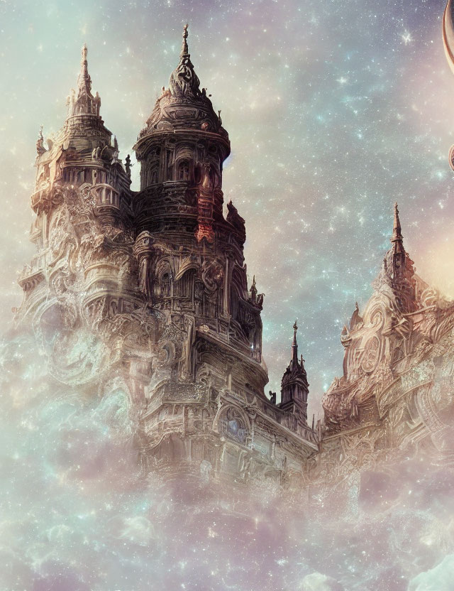 Celestial castle in dreamy sky with nebulous clouds and distant planets