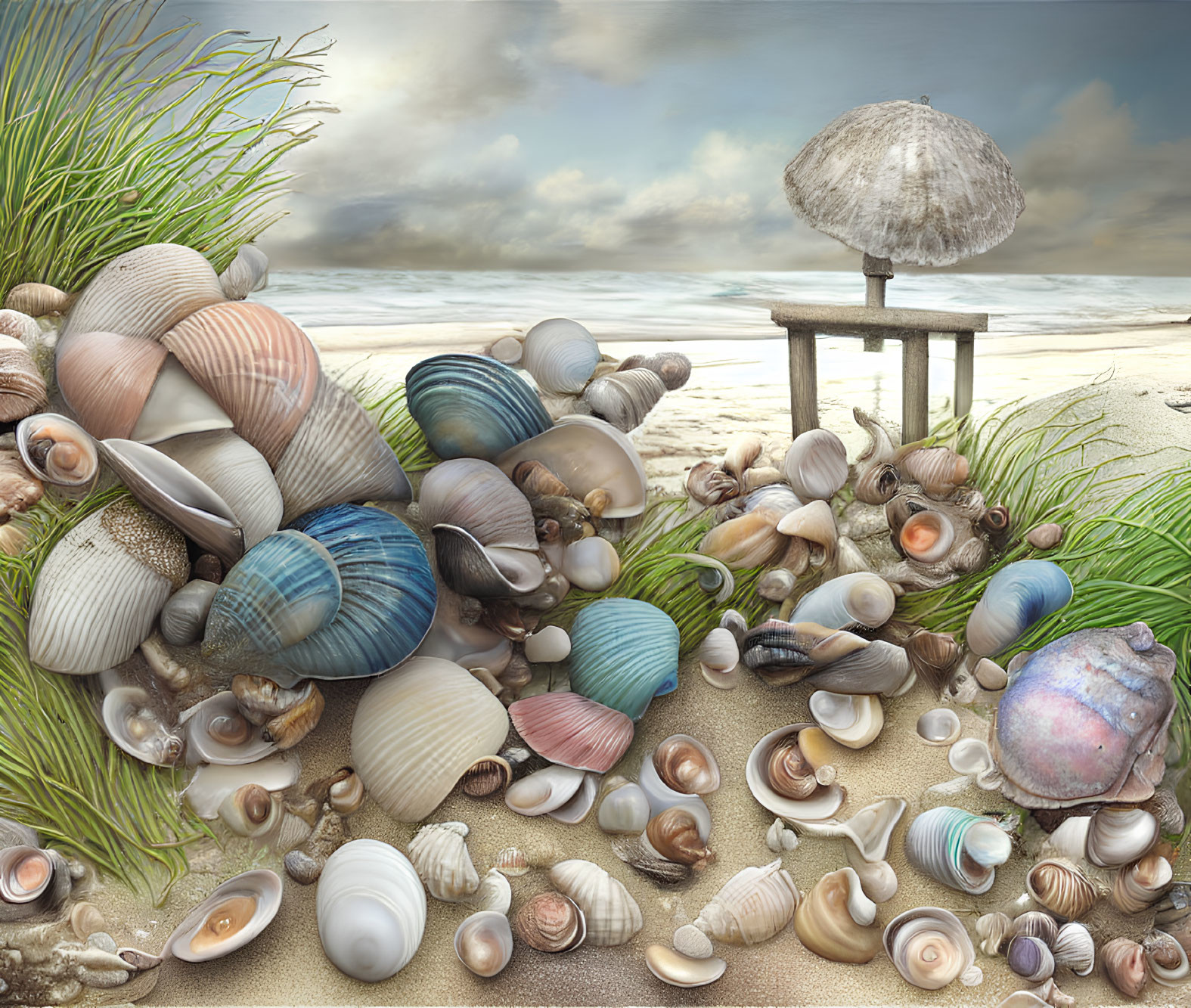 Colorful Seashells on Sandy Beach with Table and Umbrella under Cloudy Sky