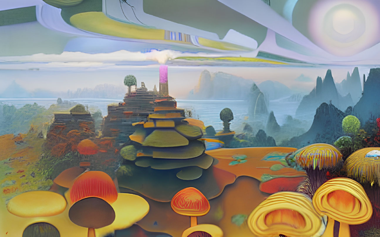 Surreal landscape with mushroom-like structures and colorful sky