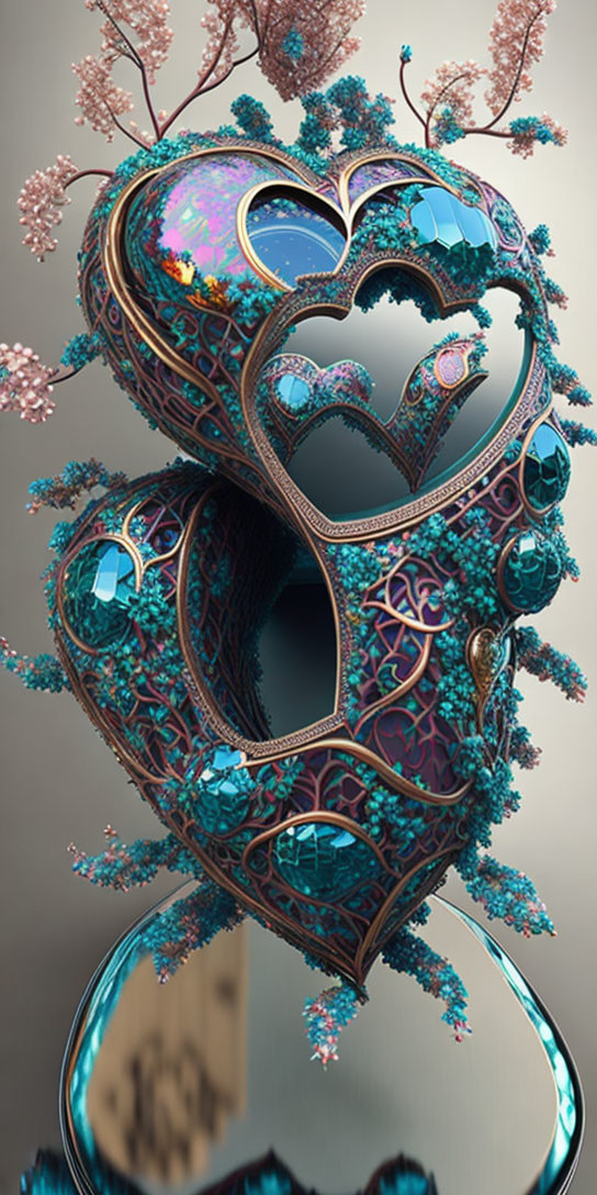 Intricate Heart-Shaped Ornamental Sculpture with Blue Gemstones and Pink Blossoms