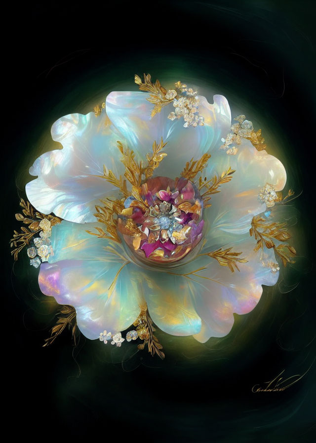 Iridescent white flower with golden embellishments on dark background