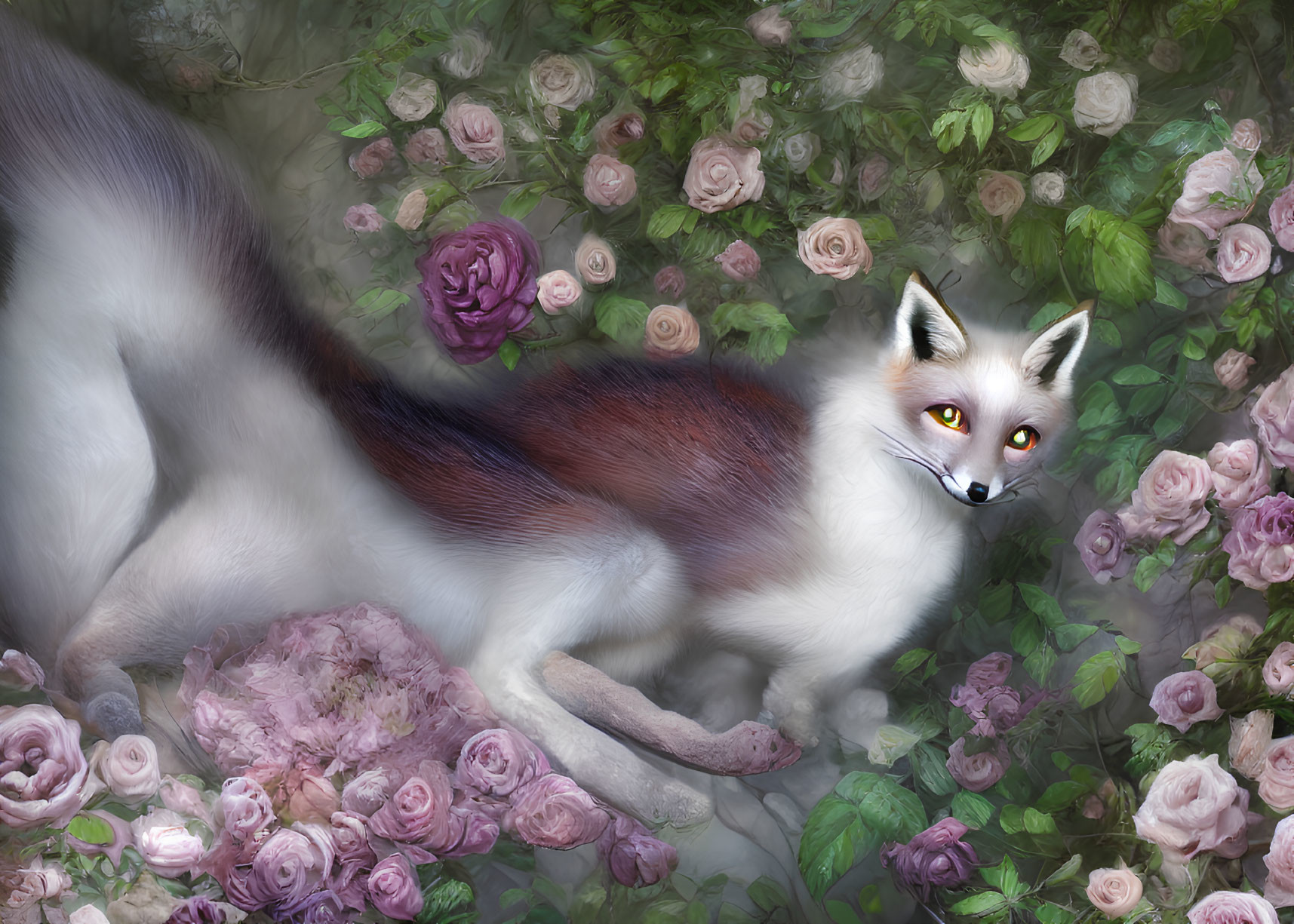 Whimsical fox with vibrant yellow eyes in pastel rose bed