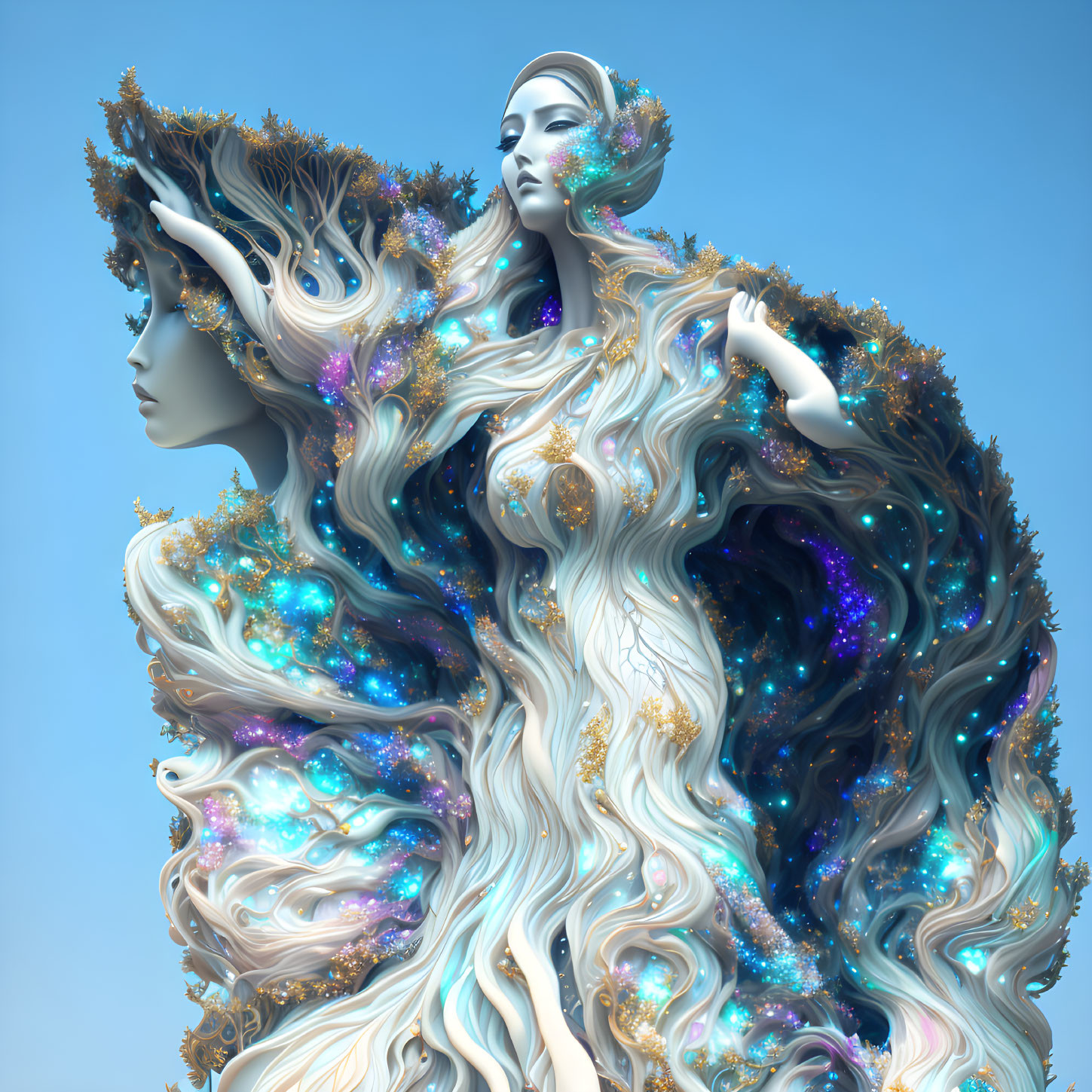 Surreal artwork featuring woman with flowing hair and cosmic elements