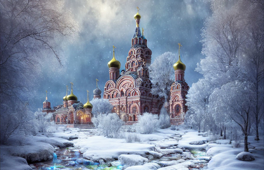 Traditional onion-domed church in enchanting winter scene