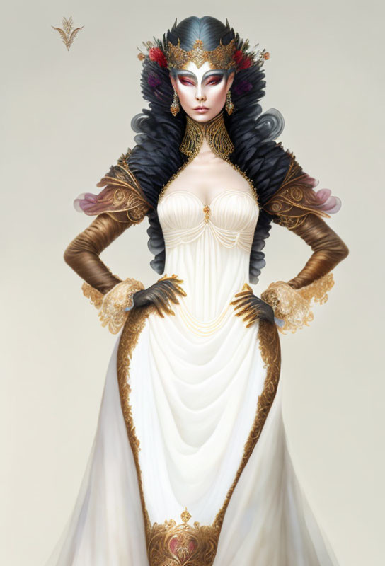 Regal woman in white and gold gown with ornate accessories