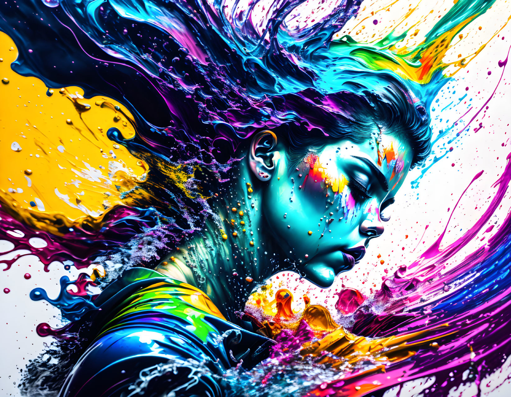 Colorful digital artwork: Woman surrounded by dynamic paint splashes