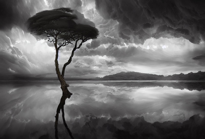 Solitary tree by reflective water under stormy sky