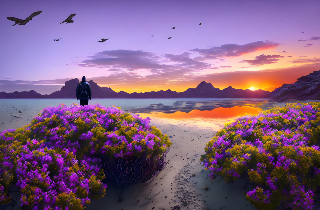 Person by lakeshore at sunset with purple flowers, mountains, and birds.
