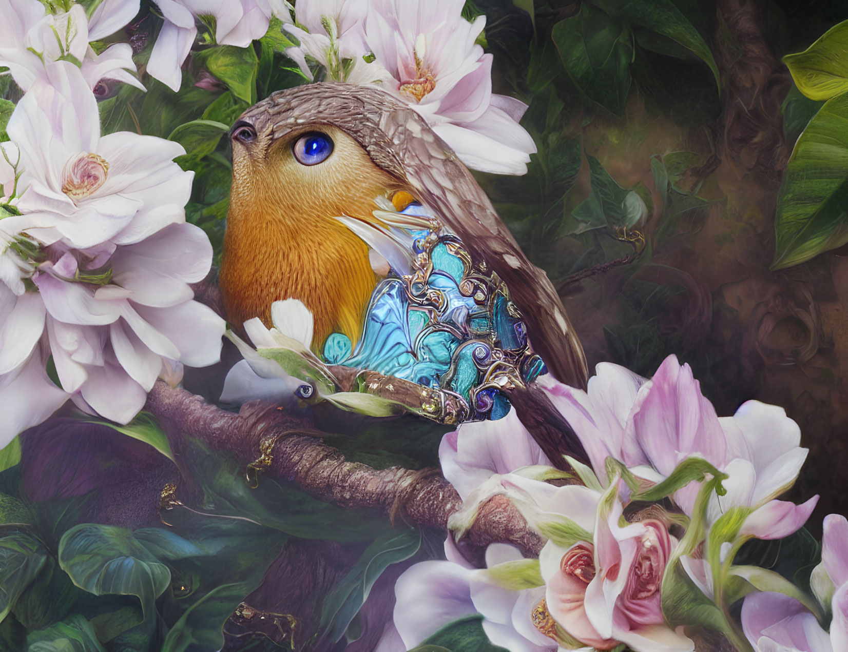 Fantastical bird with human-like eyes perched among white flowers and metallic feathers