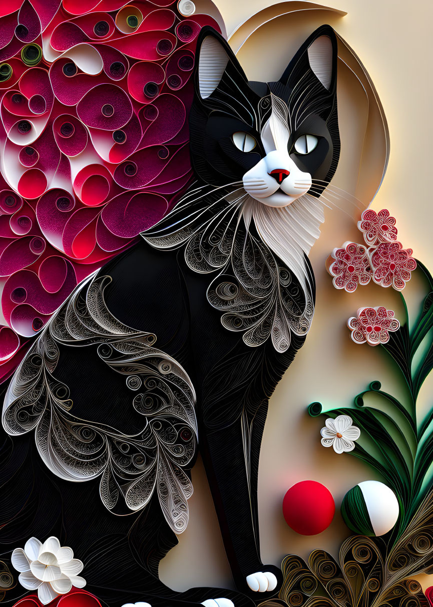 Stylized black and white cat with intricate patterns and colorful floral designs