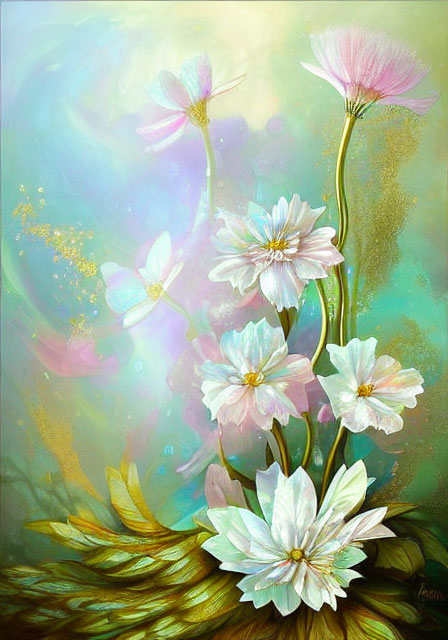 Delicate white flowers painting with pink and blue hints on ethereal green and golden background