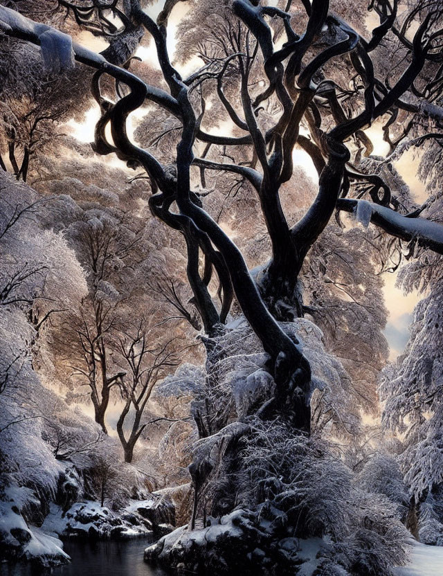 Snow-covered twisty trees and frozen stream in serene winter scene at sunrise or sunset