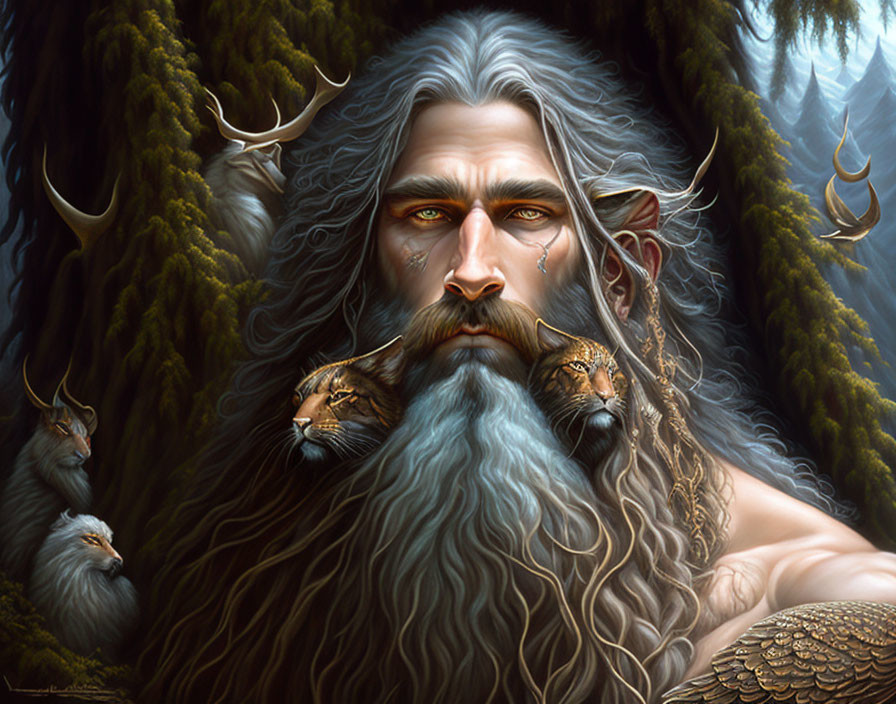 Mythical figure with antlers, gray hair, and forest creatures in mystical setting