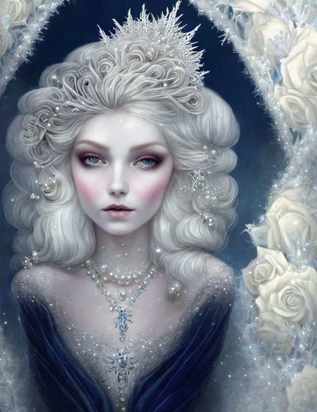 Digital Art: Pale Woman with Floral Hair and Crystal Crown