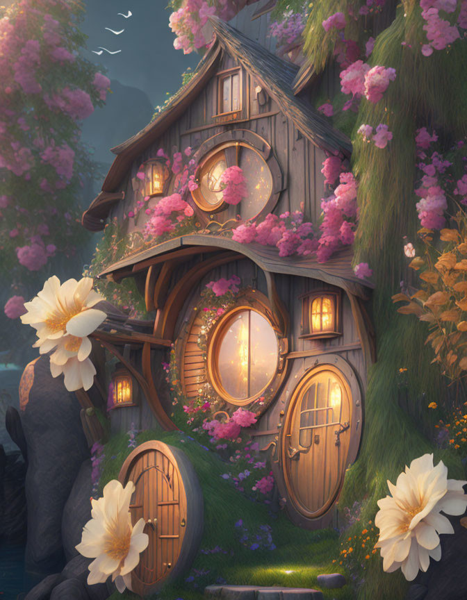 Twilight treehouse with glowing windows in pink blossoms.