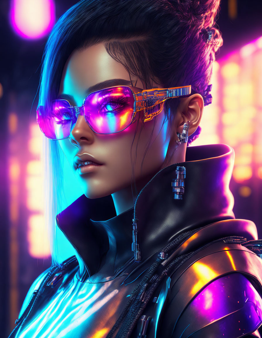 Futuristic woman in purple sunglasses and high-collar jacket in neon-lit setting