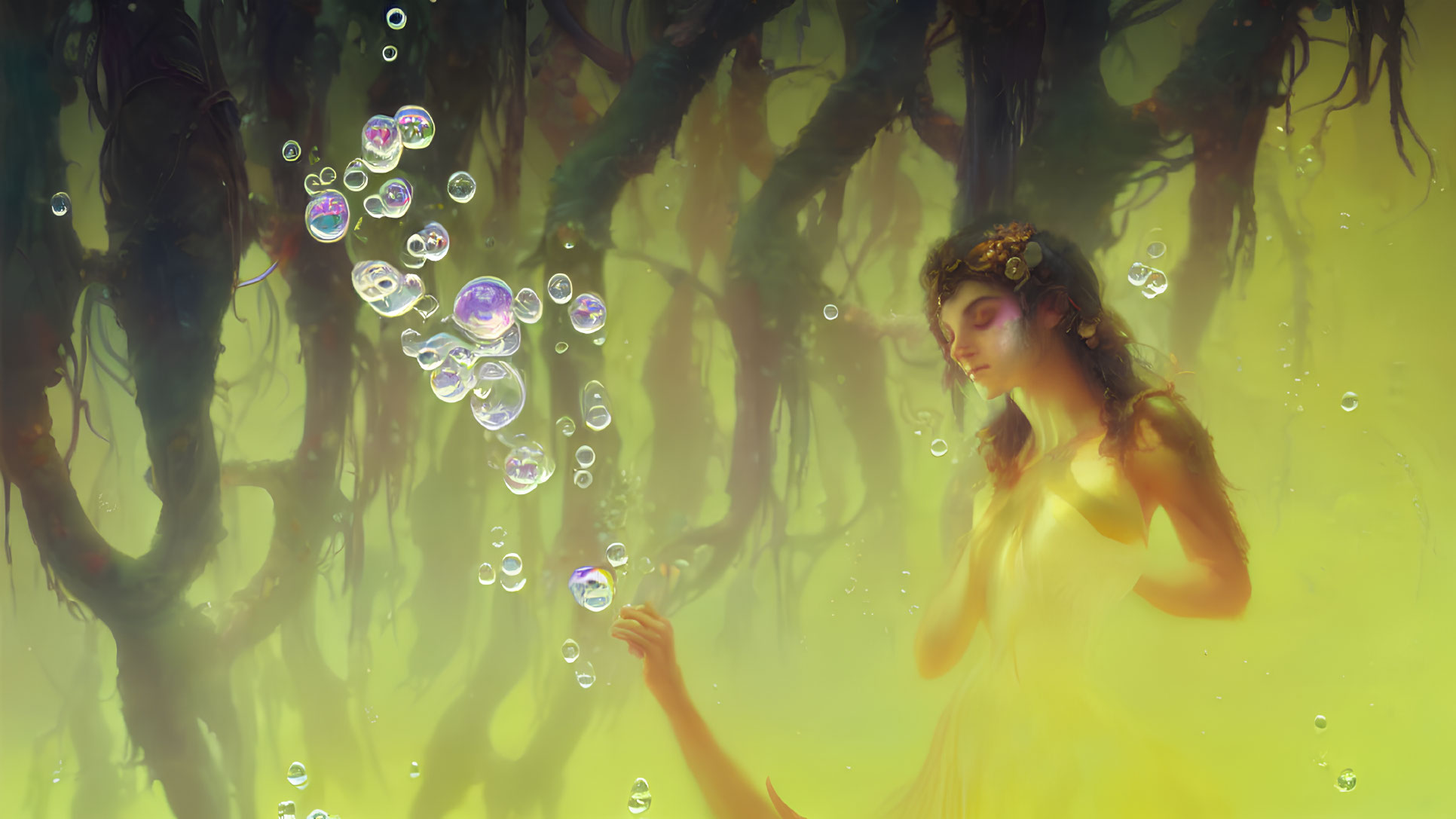 Woman in yellow dress immersed in water among tree roots with shimmering bubbles in ethereal scene