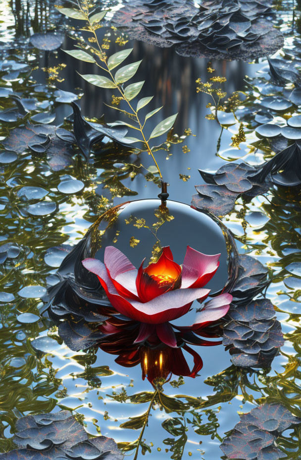 Surreal spherical object with red petals, black swan figures, gold chains