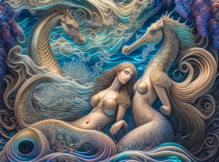 Surreal mermaid illustration with seahorses in ornate sea setting