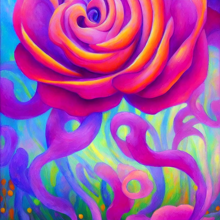 Colorful painting of stylized rose in pink and purple with abstract background