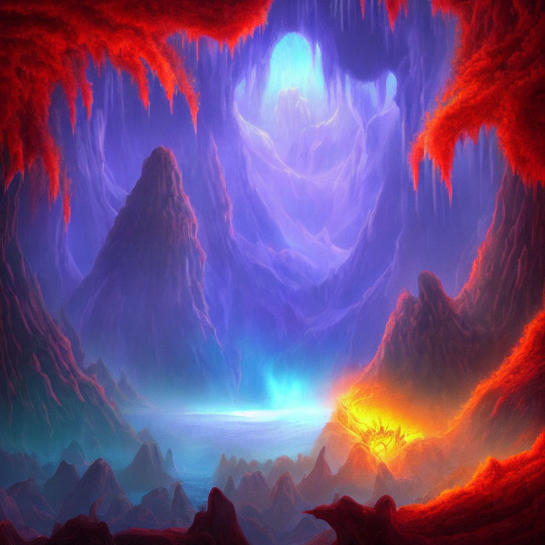 Fantasy landscape with red and purple hues, central luminescent lake, ominous mountains.