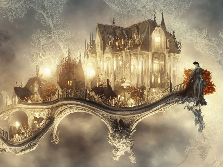 Fantasy Artwork of Person on Curved Structure Gazing at Illuminated Mansion